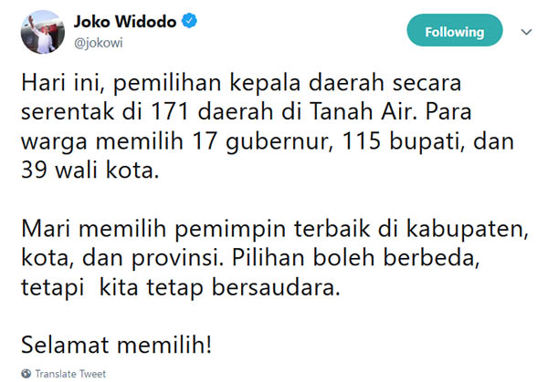 Twitter Presiden Jokowi terkait Pilkada Serentak